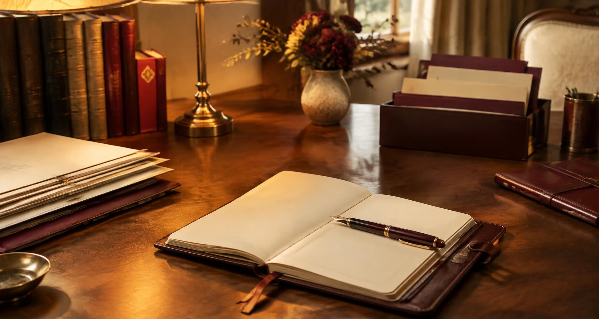 Advisor writing desk with an open journal and fountain pen